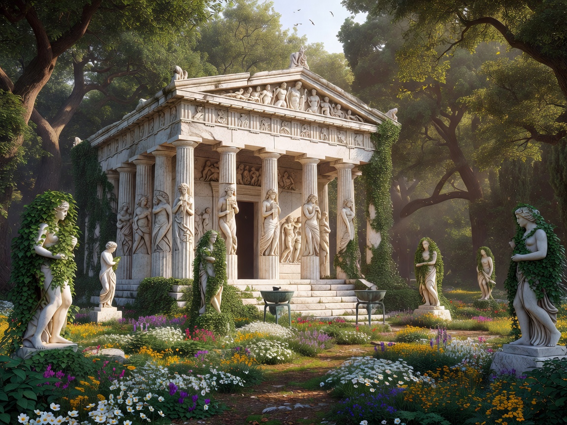 Ancient marble temple dedicated to Pan featuring carved columns, ivy-covered statues, bronze braziers, woodland flowers, and peaceful natural surroundings