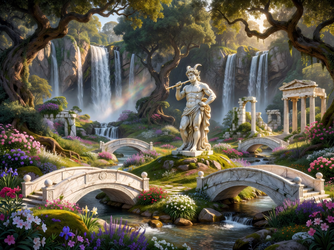 Panoramic sacred grove with waterfalls, ancient Greek architecture, flowering gardens, giant trees, marble bridges, and a majestic statue of Pan holding his flute