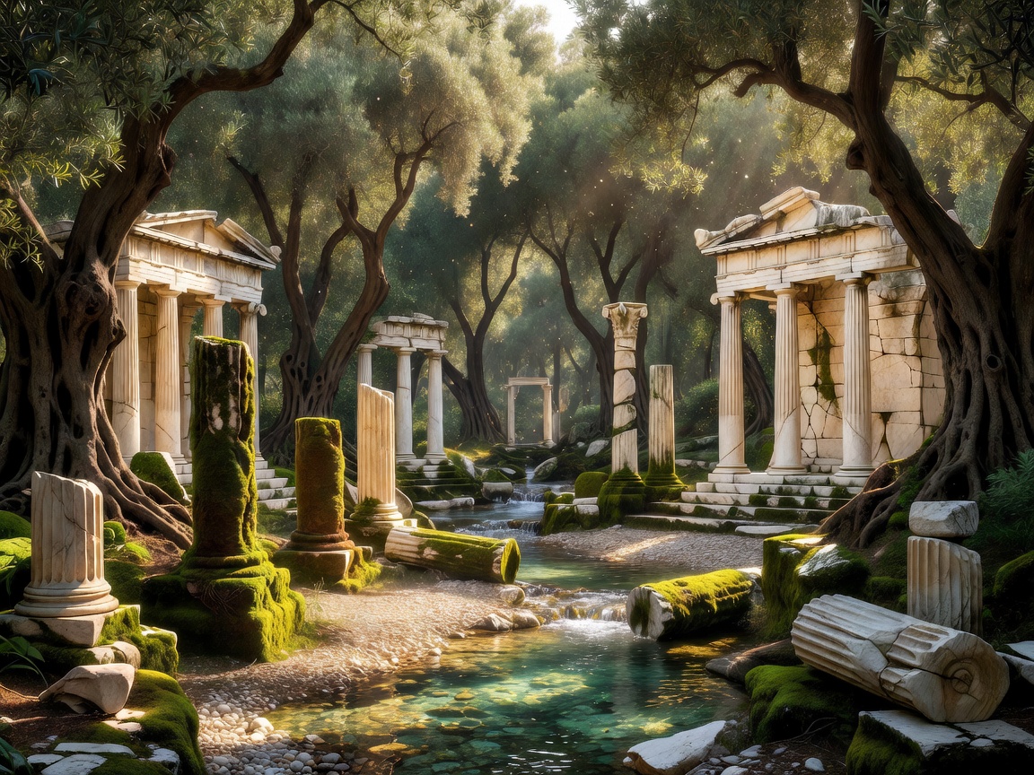 Sacred Greek forest sanctuary with towering olive trees, marble ruins, moss-covered columns, crystal streams, and warm sunlight filtering through the forest