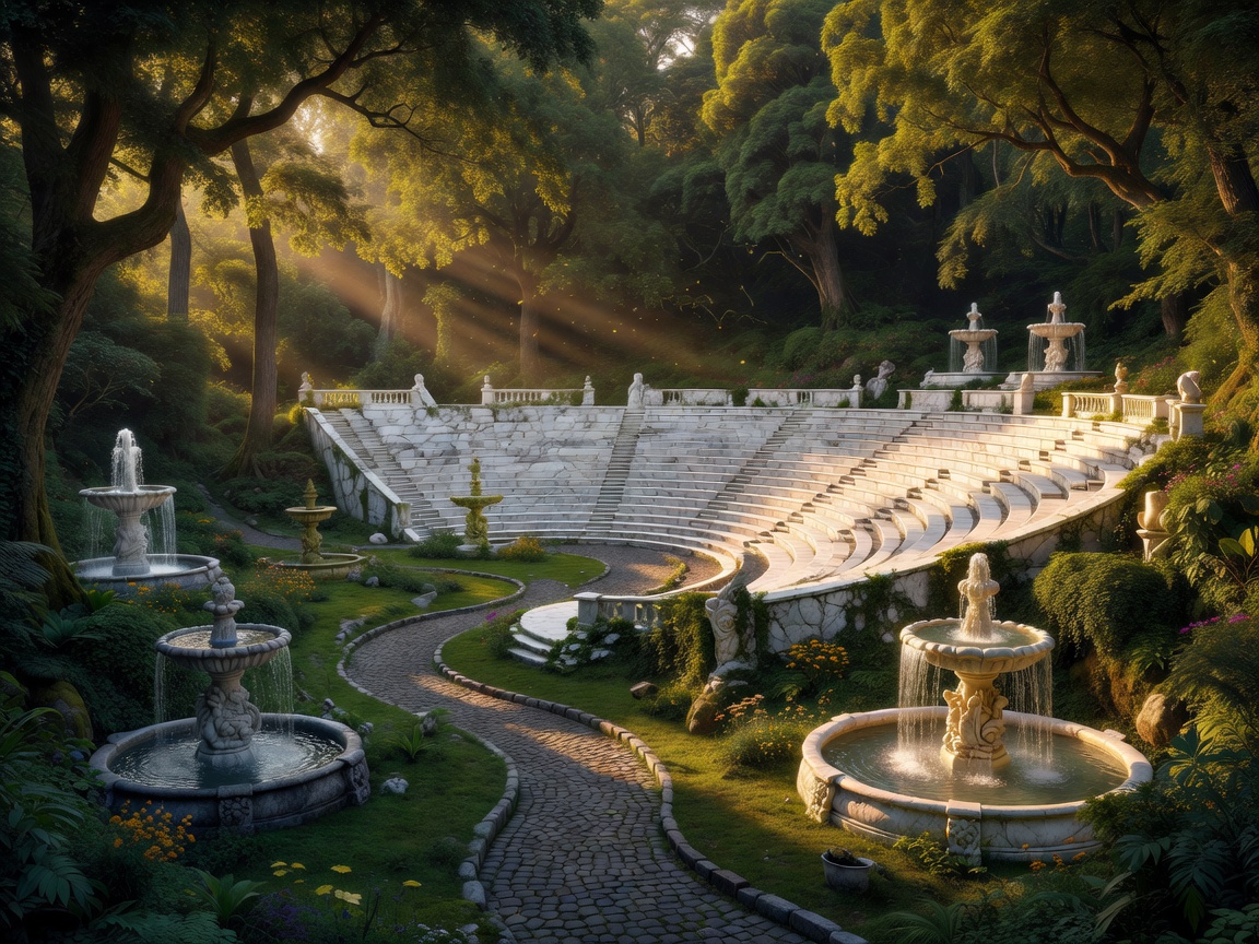 Magnificent stone amphitheater hidden in a lush forest with elegant pathways, fountains, marble seating, and golden afternoon light